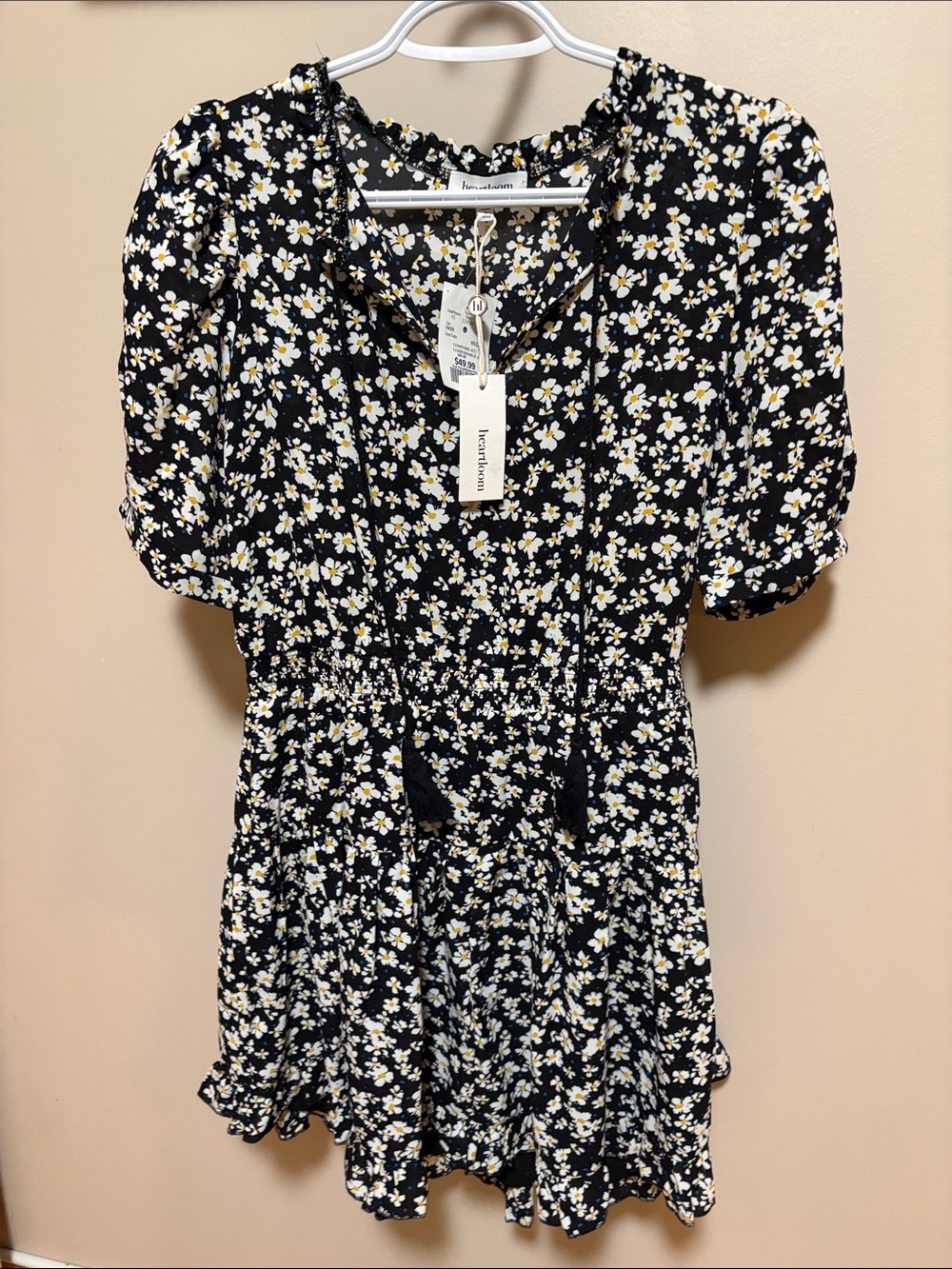 Heartloom Black Floral Mini Dress with White and Yellow Daisies